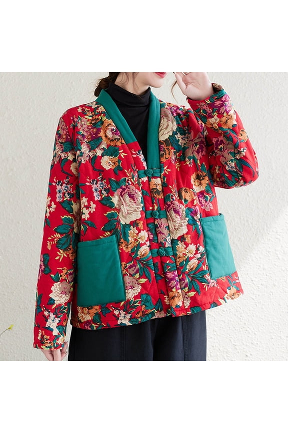 Up to 45% Off Women's Winter Fashion Ethnic Style Flower Printed Cotton-Padded Jacket Long-Sleeved Cotton Coat on Clearance