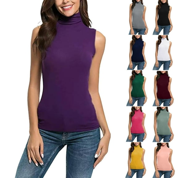 Horkkom Sleeveless Turtlenecks for Women Solid Color Mock Turtleneck Tank Top Pullover Soft Turtle Necks Tops Purple L