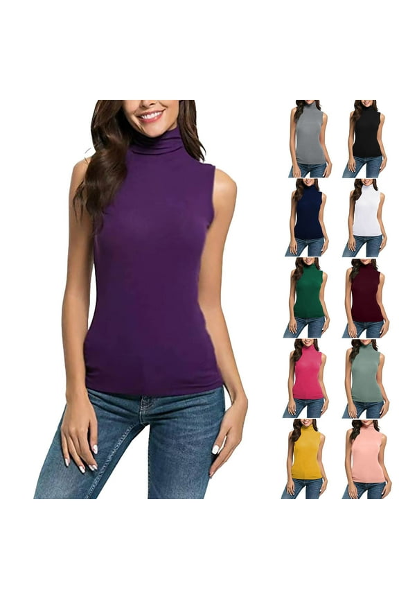 Sleeveless Turtlenecks for Women Solid Color Mock Turtleneck Tank Top Pullover Soft Turtle Necks Tops Purple L