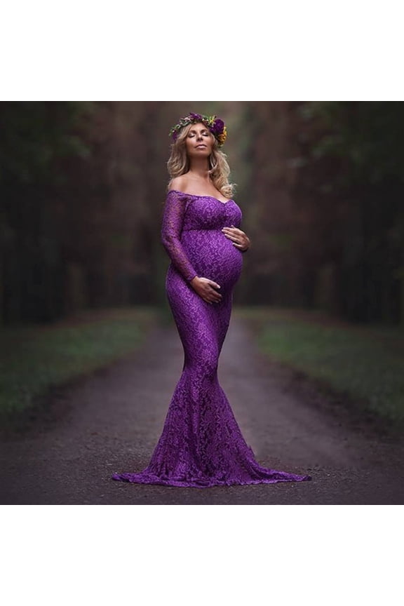 RYDCOT Casual Womens Maternity Dresses Ladies Fashion Sexy Mesh Lace Long Sleeve Photography Mopping Long Dress,Maternity/Purple 2Xl