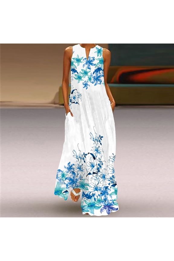 Women Plus Size Dress Women's Casual Long Dress with Striped Floral Print Sleeveless Maxi Dress Light blue XL