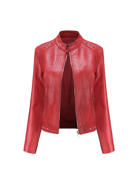 Faux Leather Moto Jacket with Zipper Detail - Women's Slim Leather Stand Collar Zip Motorcycle Suit Belt Coat Jacket Tops