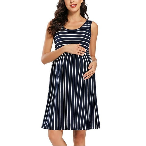 LoyisViDion Womens Maternity Dresses Woman O-Neck Stripe Sleeveless Pregnant Maternity Nursing Dress Navy 8(L)