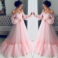 thumbnail image 1 of HWRETIE Off-Shoulder Chiffon Wedding Dress with Train - Women's Cute Solid Color Long Sleeve Slash-Neck Fashion Gauze Long Full Dress, 1 of 7
