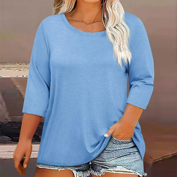 3/4 Length Sleeve Womens Tops Horkkom Crew Neck Solid Color Plus Size Shirts Soft Comfy Casual Tops Blue 3XL