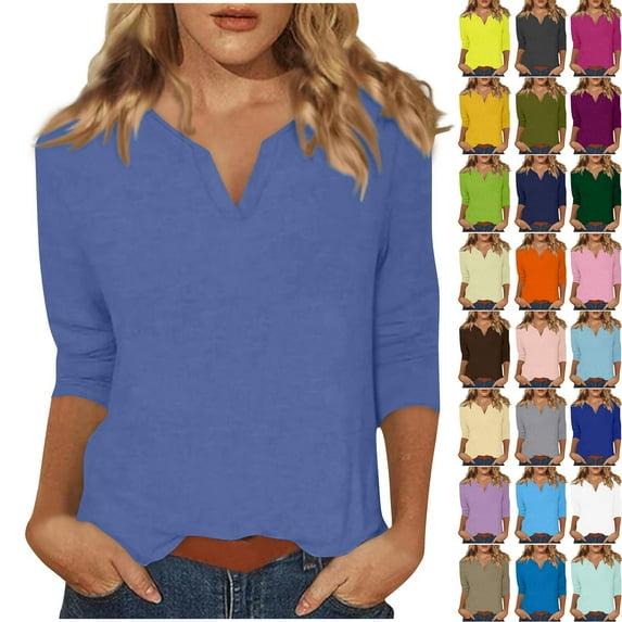 3/4 Length Sleeve Womens Tops Horkkom Fall V Neck Plain T Shirts Casual Loose Pullover 3/4 Sleeve T Shirts Blue S
