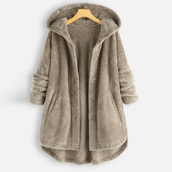 Up to 50% off Botrong Plus Size Women Fleece Irregular Long Sleeve Button Pocket Hooded Coat Gifts for Family