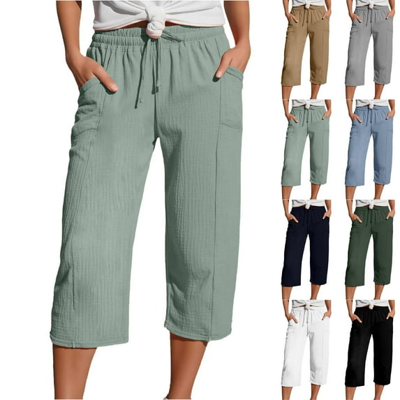 Capris Pants for Women Horkkom Elastic Waist Drawstring Linen Pants with Pockets Casual Solid Color Beach Pants Green S