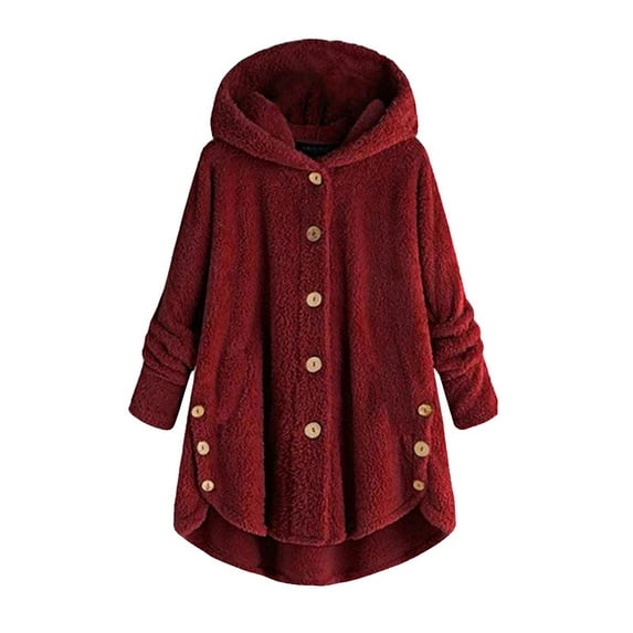 HWRETIE Plus-Size Plush Hooded Cardigan with Buttons - Women Plus Size Button Tops Hooded Loose Cardigan Wool Coat Winter Jacket Hoodless Long Sleeve Casual Jacket