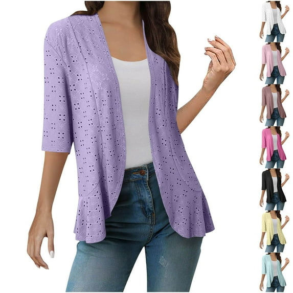 Horkkom 3/4 Sleeve Cardigan for Women Casual Open Front Lightweight Cardigans Solid Color Hollow out Summer Jackets Purple L