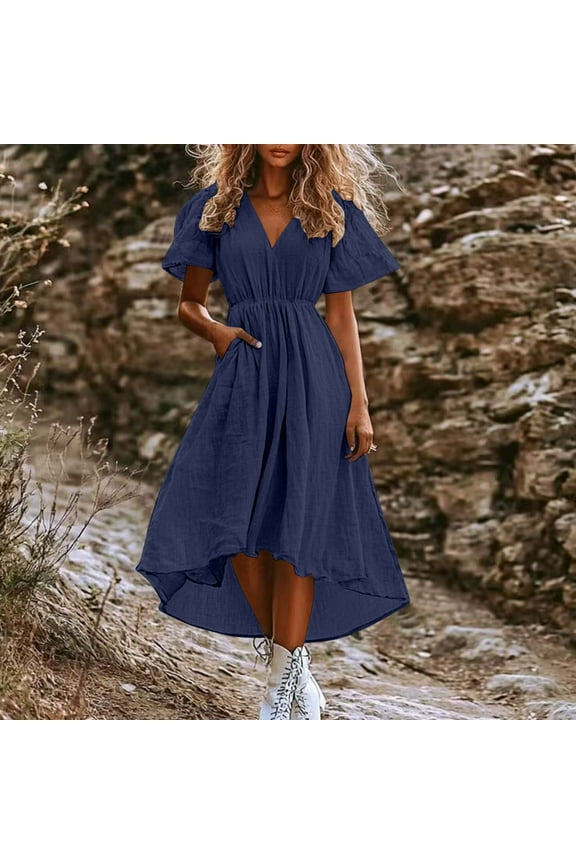 A Line Dresses for Women Summer Casual Short Sleeve Maxi Dresses Loose Flowy Solid Color V Neck Linen Dress Blue M