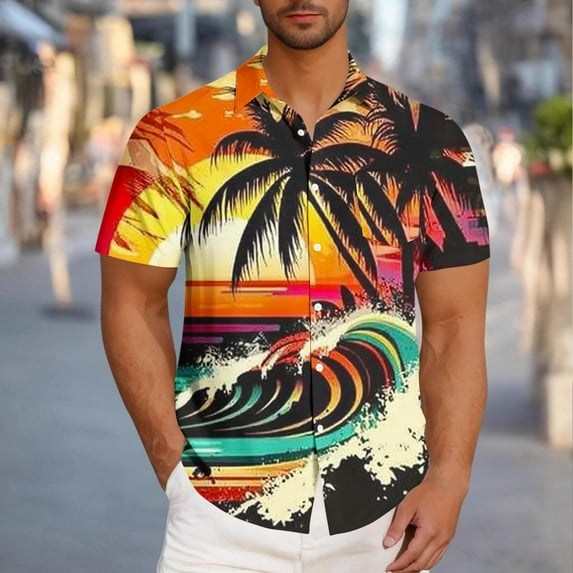 Horkkom Beach Shirts for Men Summer Hawaiian Print Short Sleeve Shirts Casual Loose Button Up Shirt with Pocket