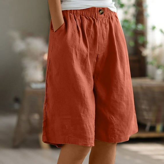 Horkkom Bermuda Shorts for Women Summer Elastic Waist Linen Shorts Casual Solid Color Button Beach Pants with Pockets Orange S