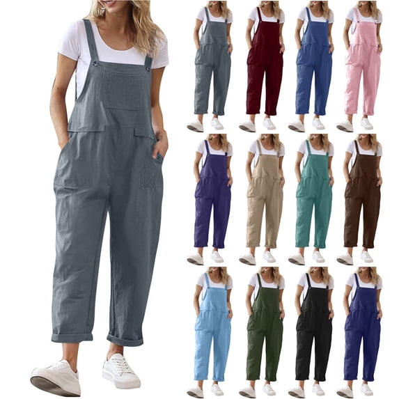 Horkkom Bib Overalls Women Linen Sleeveless Long Pants with Pocket Jumpsuits Casual Solid Color Rompers Blue L