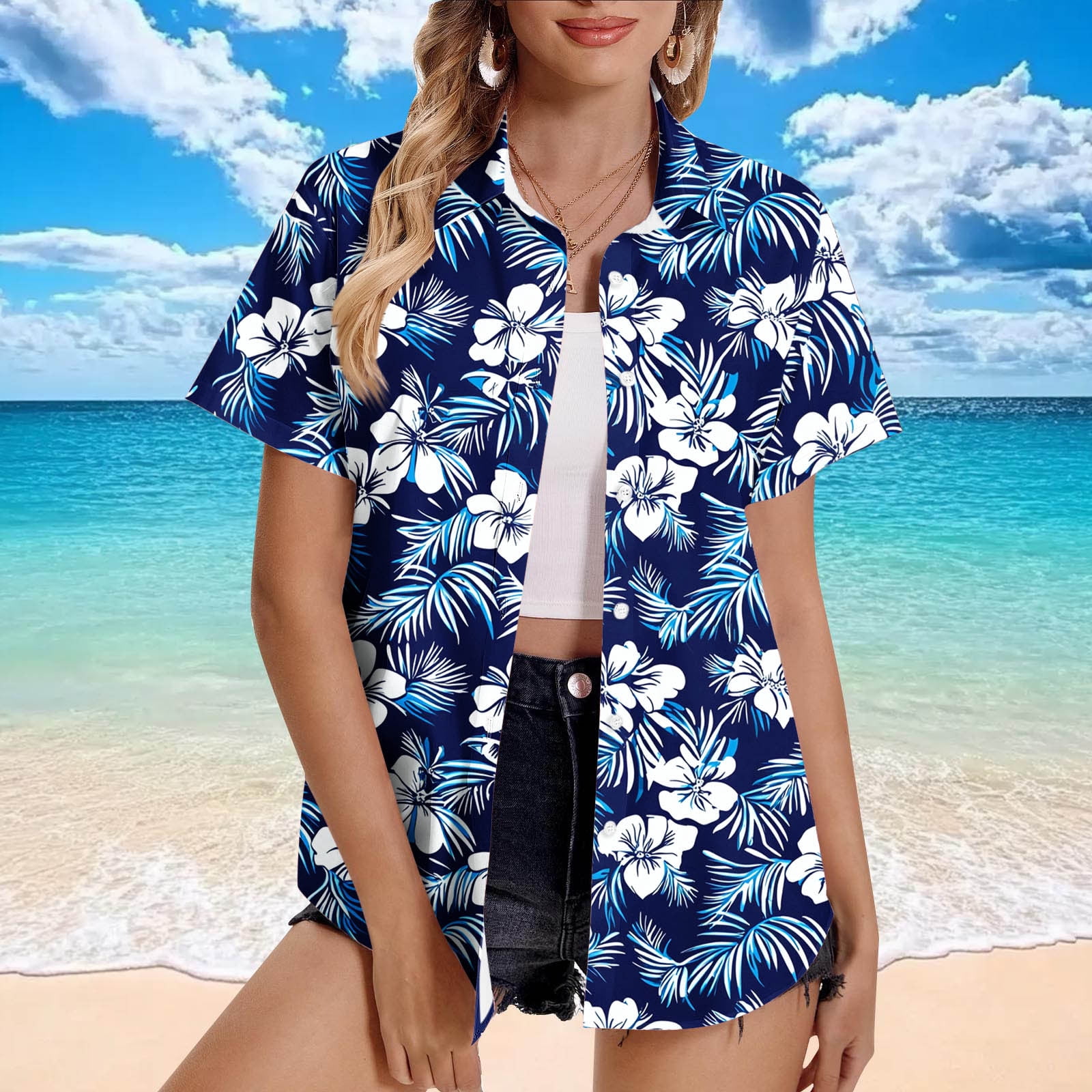Horkkom Button Down Shirts for Women Plus Size Floral Print V Neck ...