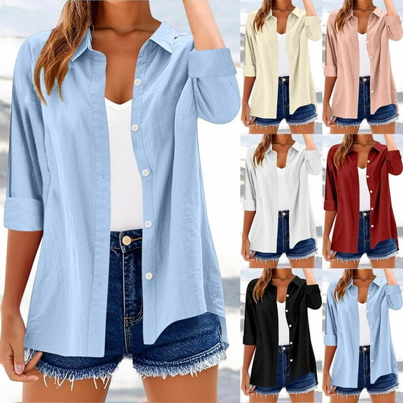 Horkkom Button Down Shirts for Women Solid Color 3/4 Length Sleeve Tops Casual Loose Comfy Cardigan