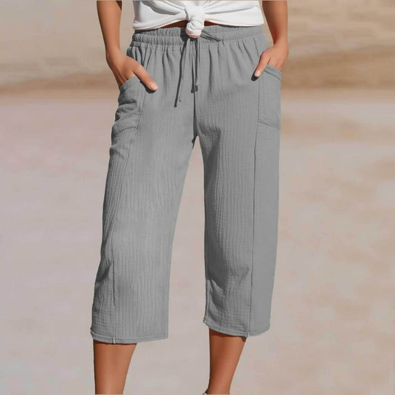 Horkkom Capris Pants for Women Elastic Waist Drawstring Linen Pants with Pockets Casual Solid Color Beach Pants Gray M