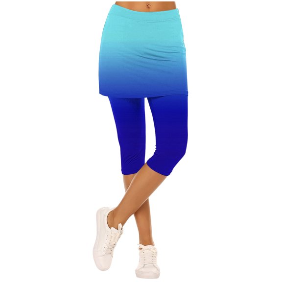 Horkkom Capris Pants for Women Elastic Waist Skirted Leggings Gradient Print Stretch Athletic Yoga Pants Blue L