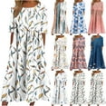thumbnail image 1 of Horkkom Floral Dress for Women Summer Short Sleeve Maxi Dresses Casual Crew Neck Pleated Dress with Pockets White S, 1 of 5