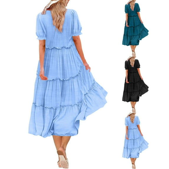 Horkkom Floral Dress for Women Summer Short Sleeve Pleated Dress Casual Tiered Maxi Dresses XL