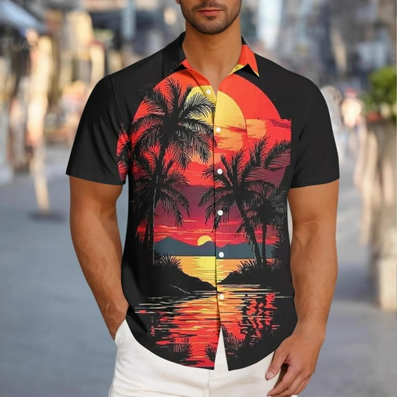 Horkkom Hawaiian Shirt for Men with Pocket Summer Short Sleeve Loose Beach Shirts Casual Palm Tree Print Button Up Shirt