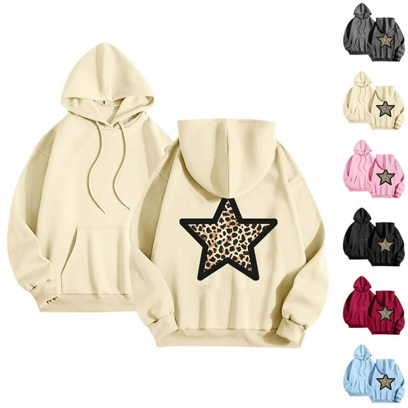 Horkkom Hoodies for Women Leopard Star Print Pullover Sweatshirts Drop Shoulder Long Sleeve Graphic Hoodies