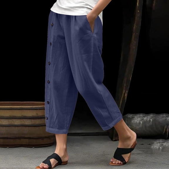 Horkkom Linen Pants Women Summer Casual Solid Color Elastic Waist Capris Pants with Pockets Button Beach Pants