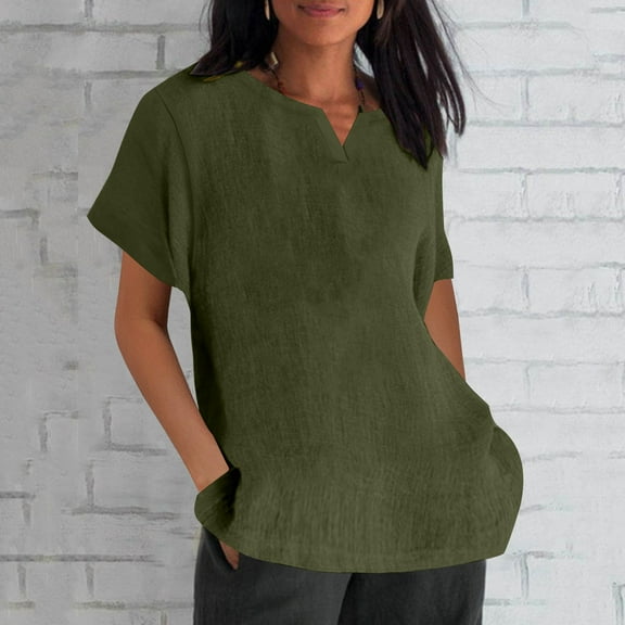 Horkkom Linen Shirts for Women Plus Size V Neck Short Sleeve Shirts Summer Casual Loose Solid Color Tops