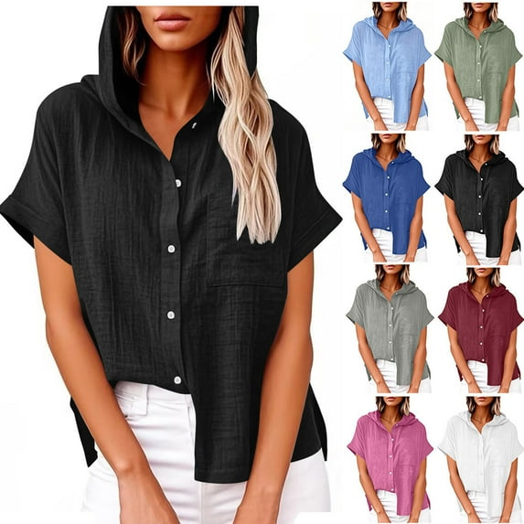Horkkom Linen Shirts for Women Summer Short Sleeve Button Down Shirts Casual Solid Color Hoodies with Pocket L