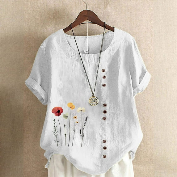 Horkkom Linen Tops for Women Summer Casual Floral Print Plus Size Shirts Lighweight Button Short Sleeve Blouses