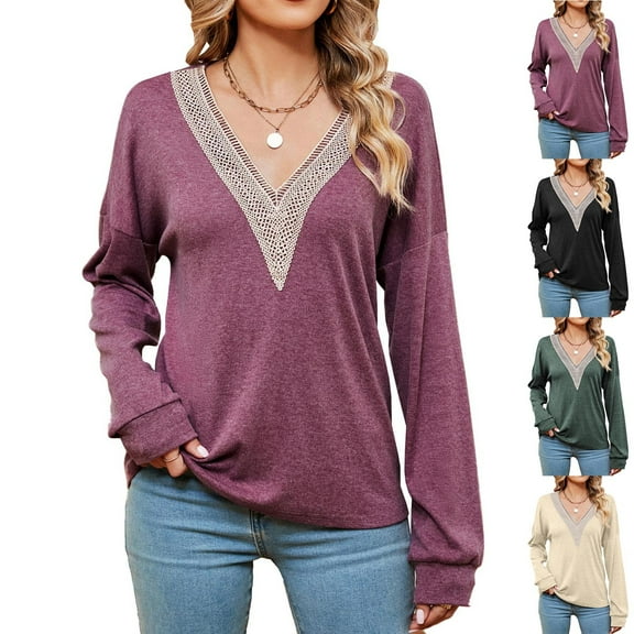 Horkkom Long Sleeve Blouses for Women V Neck with Lace Casual Tops Soft Comfy Fall Tops Purple S