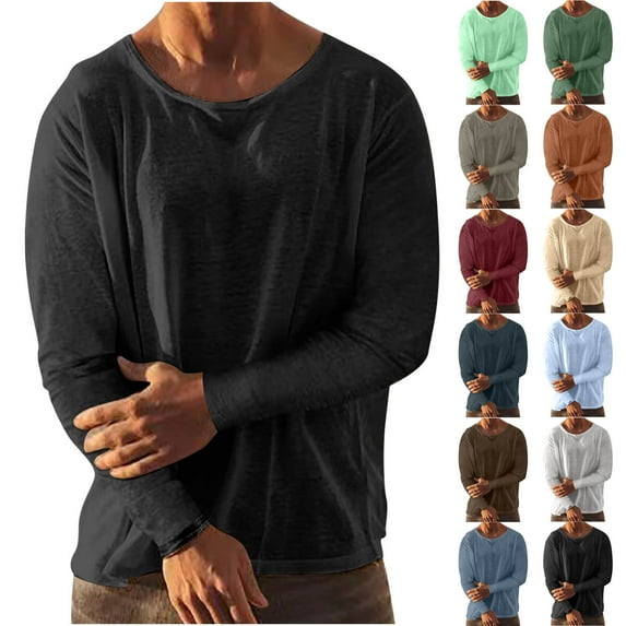 Horkkom Long Sleeve Shirts for Men Solid Color Crew Neck Work Shirts Casual Loose Comfy Workout Shirts 2XL