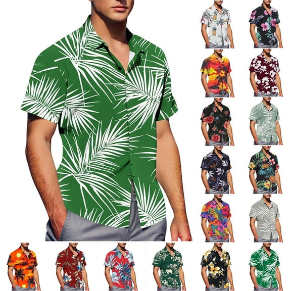 Horkkom Mens Hawaiian Shirts Short Sleeve Casual Button Down Shirt Palm Tree Print Beach Shirts