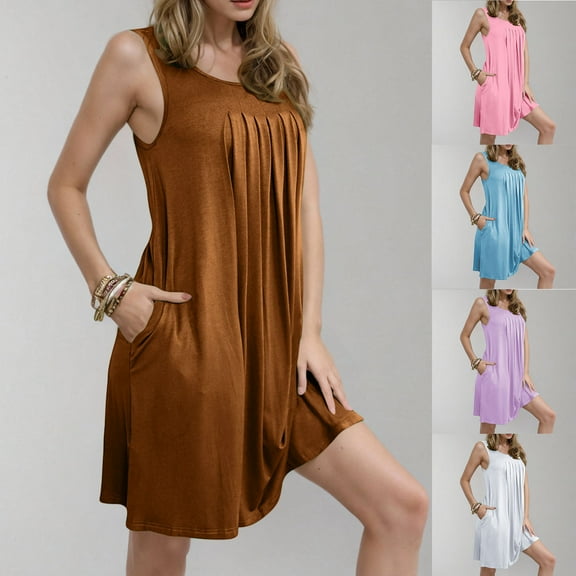 Horkkom Mini Dresses for Women Summer Sleeveless Beach Vacation Dress Casual Solid Color Pleated Sundresses L