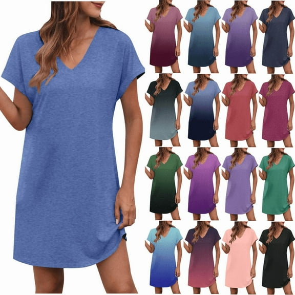 Horkkom Mini Dresses for Women Summer V Neck Short Sleeve Dress Casual Gradient Print Sundresses 2XL
