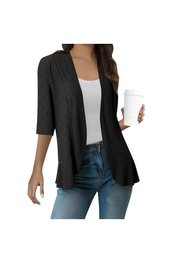 Open Front Cardigan for Women Casual 3/4 Sleeve Lightweight Cardigans Solid Color Hollow out Summer Jackets Black XL