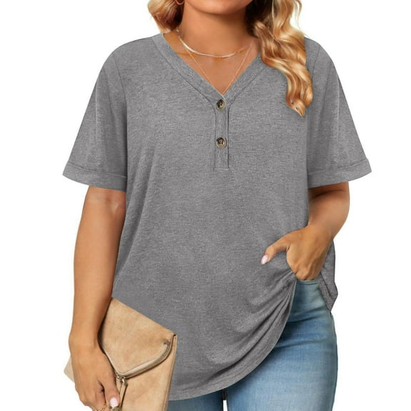 Horkkom Plus Size Blouses for Women Summer Solid Color Button V Neck Short Sleeve Tops Casual Loose Tunic Tops Gray 5XL