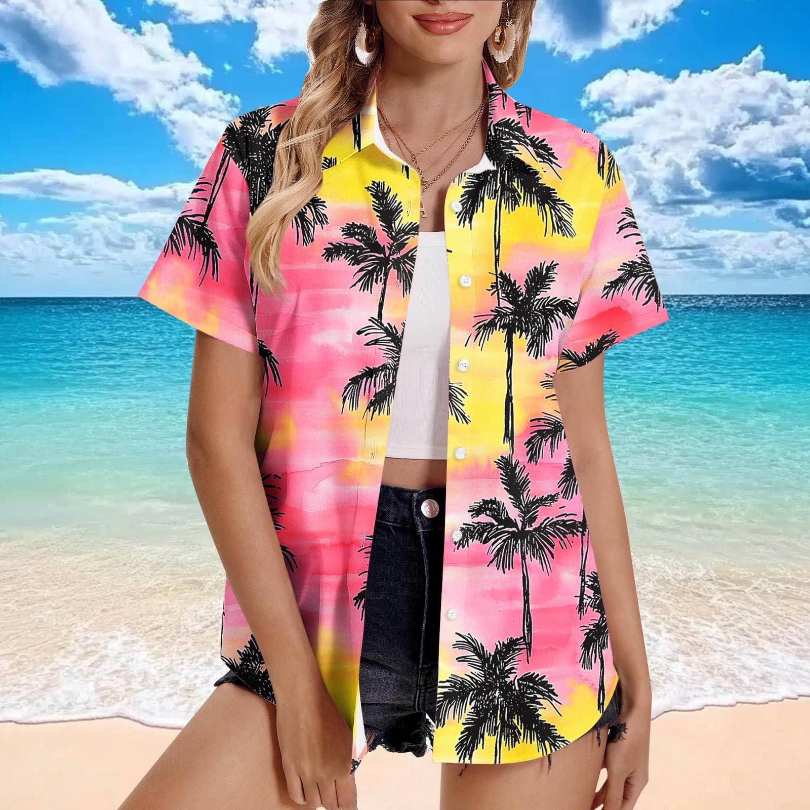 Horkkom Plus Size Button Down Shirts for Women Summer Short Sleeve ...