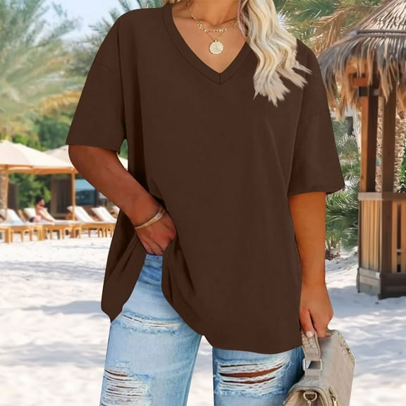 Horkkom Plus Size Shirts for Women Summer V Neck Solid Color Short Sleeve Tops Soft Comfy Loose Casual Tops Brown 2XL