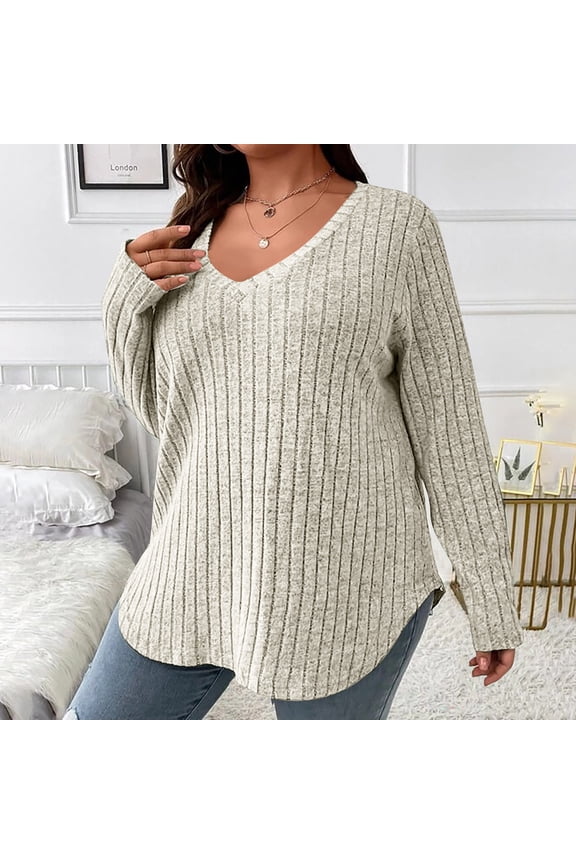 Plus Size Sweaters for Women V Neck Solid Color Tunic Tops Fall Casual Sweaters Brown 4XL