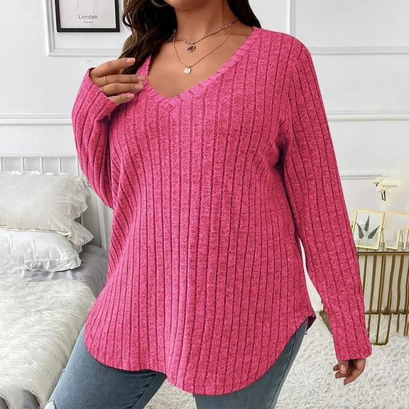 Horkkom Plus Size Sweaters for Women V Neck Solid Color Tunic Tops Fall Casual Sweaters Pink 3XL