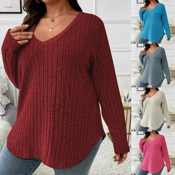 Horkkom Plus Size Sweaters for Women V Neck Solid Color Tunic Tops Fall Casual Sweaters Red XL