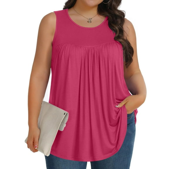 Horkkom Plus Size Tank Tops for Women Summer Solid Color Crew Neck Sleeveless Tops Casual Pleated Comfy Long Tank Tops Pink 2XL