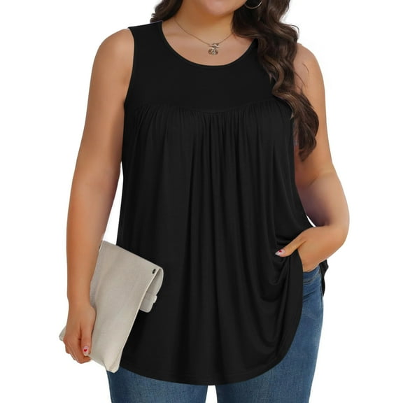 Horkkom Plus Size Tank Tops for Women Summer Solid Color Crew Neck Sleeveless Tops Casual Pleated Loose Tank Top Black 2XL