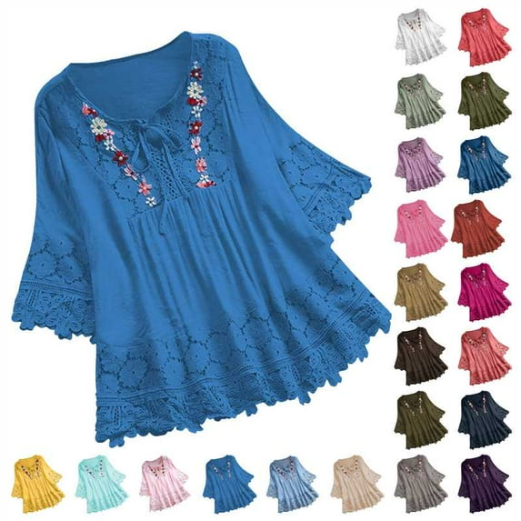 Horkkom Plus Size Tops for Women Lace Floral Print Casual Tops Summer V Neck 3/4 Length Sleeve Tops Blue L