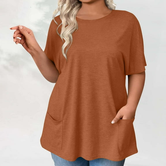 Horkkom Plus Size Tops for Women Summer Solid Color Short Sleeve Shirts with Pockets Casual Loose Crewneck Tops Brown 5XL