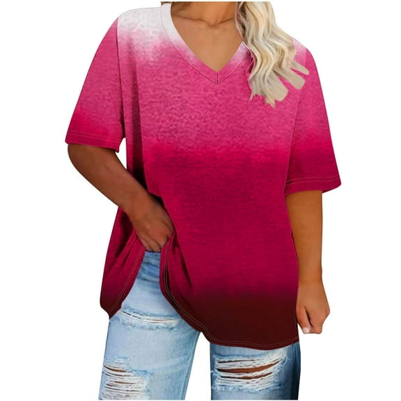 Horkkom Plus Size Tops for Women V Neck Gradient Print Half Sleeve T Shirts Summer Casual Loose Tunic Tops
