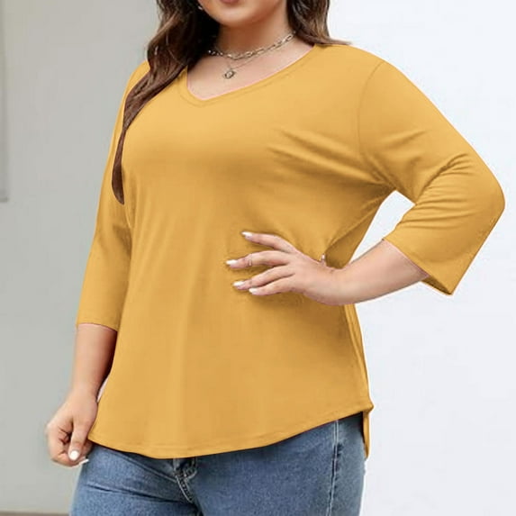 Horkkom Plus Size Tops for Women V Neck Solid Color 3/4 Length Sleeve Tops Fall Casual Tunic Tops Yellow L