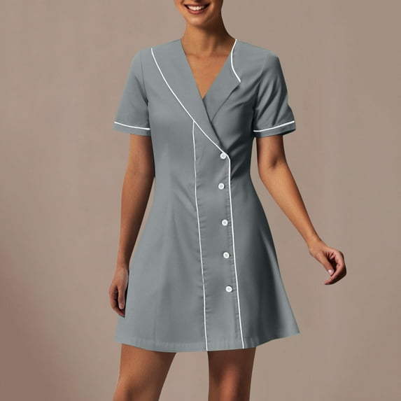 Horkkom Scrub Dress Short Sleeve V Neck Working Nurse Uniform Button Mini Dresses for Women Workwear Gray M