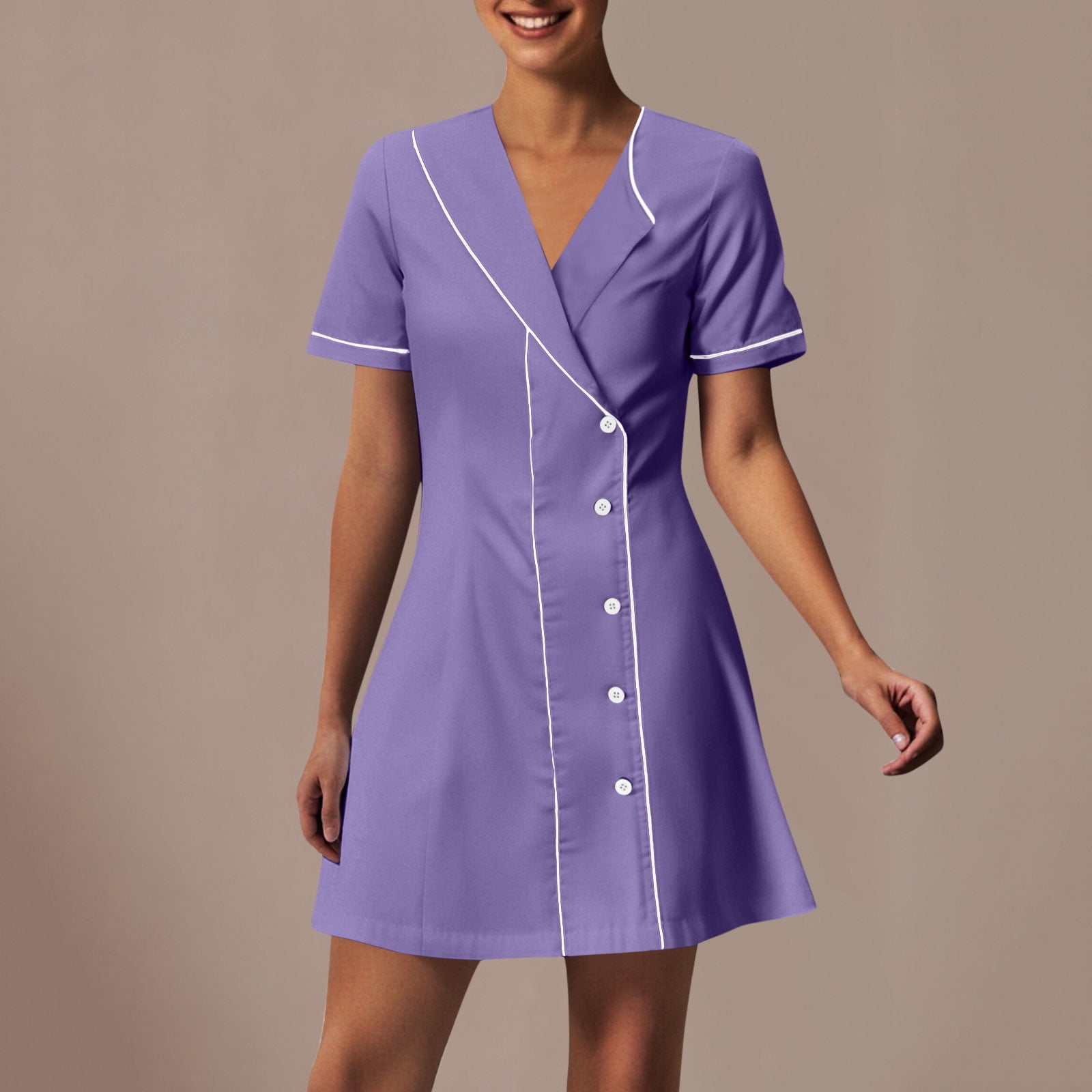 purple scrub dress Horkkom Scrub Dress Short Sleeve V Neck Working Nurse Uniform Button Mini  Dresses for Women Workwear Purple XL